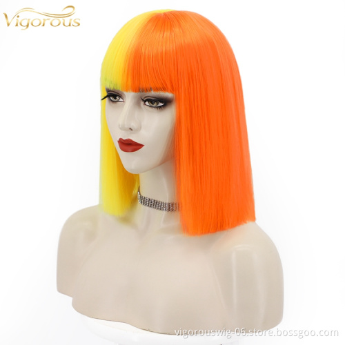 Colorful Cosplay Half Yellow And Orang Short Bob with Bangs Synthetic Wig Glueless Heat Resistant Hair None Lace Wig Top Sell